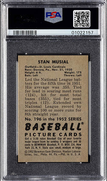 1952 BOWMAN STAN MUSIAL CARD #196 GRADED PSA 9 back