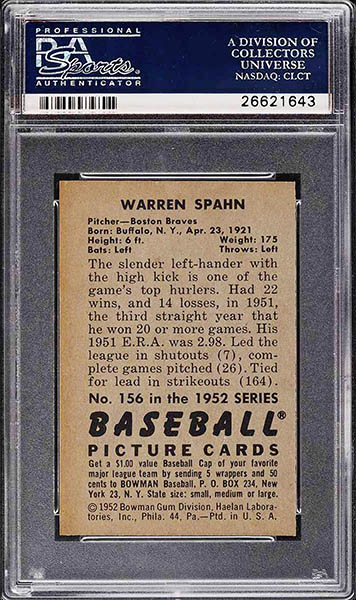 1952 Bowman Warren Spahn baseball card #156 graded PSA 9 back side