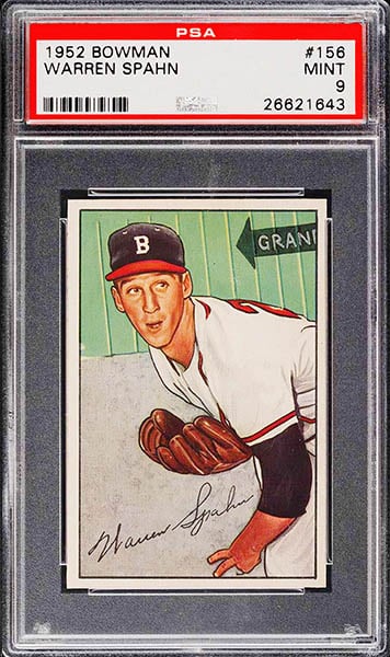 1952 Bowman Warren Spahn baseball card #156 graded PSA 9