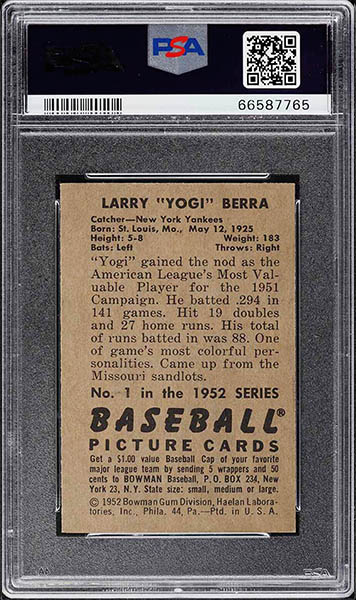 1952 Bowman Yogi Berra baseball card #1 graded PSA 8 back side