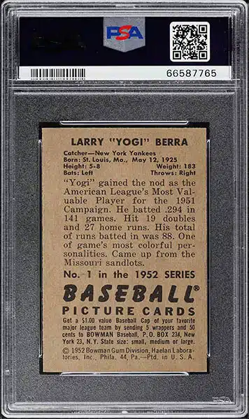 1954 Red Man #20 Yogi Berra AL Yankees HALL-OF-FAME MVPw PSA 3 - VG 30B 00  0233