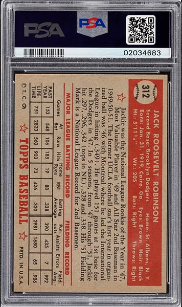 1952 TOPPS JACKIE ROBINSON CARD #312 GRADED PSA 9 BACK