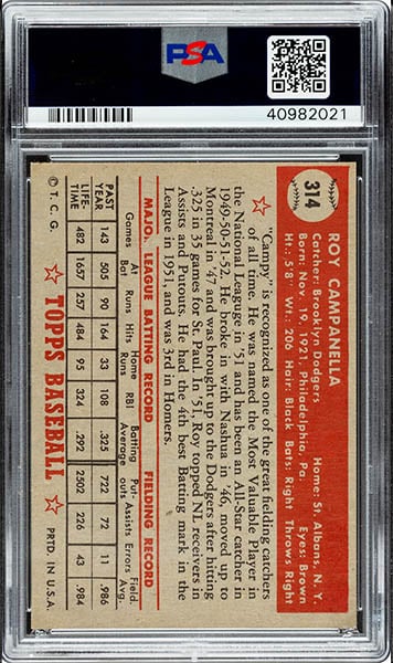 1952 TOPPS ROY CAMPANELLA CARD #314 GRADED PSA 9 MINT CONDITION BACK