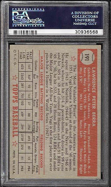 1952 Topps Yogi Berra baseball card #191 graded PSA 8 back side