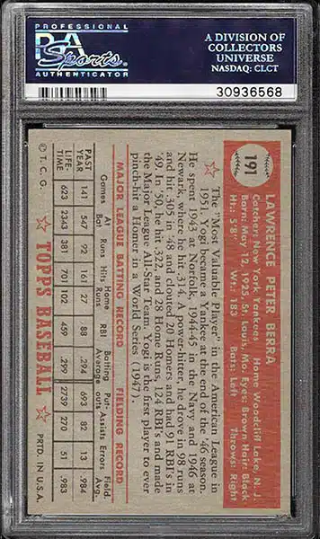 1952 Topps #191 Yogi Berra New York Yankees Baseball Card Low Grade