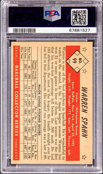 1953 BOWMAN WARREN SPAHN BASEBALL CARD #99 GRADED PSA 8 CONDITION