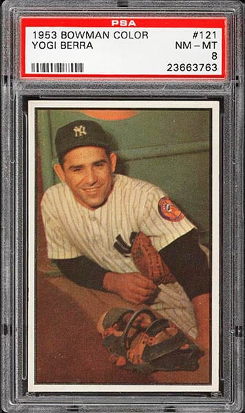 1953 Bowman Yogi Berra Baseball Card #121 graded PSA 8