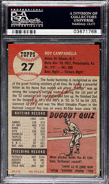1953 TOPPS ROY CAMPANELLA CARD #27 BACK