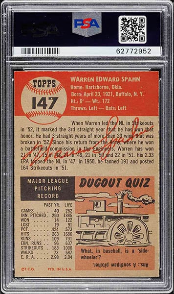 1953 Topps Warren Spahn baseball card #147 graded PSA 8 back side