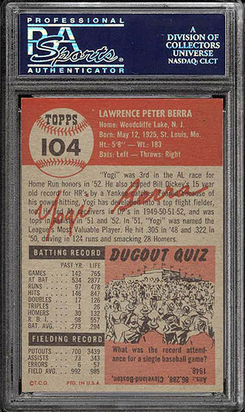 1953 Topps Yogi Berra Card #104 graded PSA 8