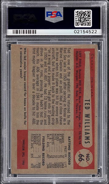 1954 BOWMAN TED WILLIAMS CARD #66 back GRADED PSA 8