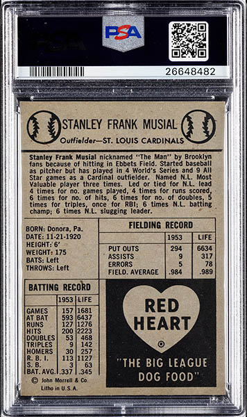1954 RED HEART STAN MUSIAL CARD GRADED PSA 9 back