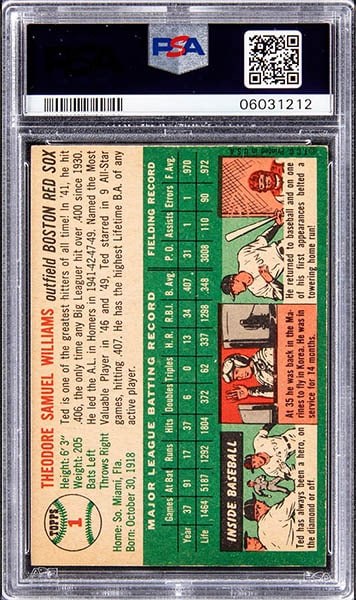 1954 Topps Ted Williams baseball card #1 graded PSA 8 back side