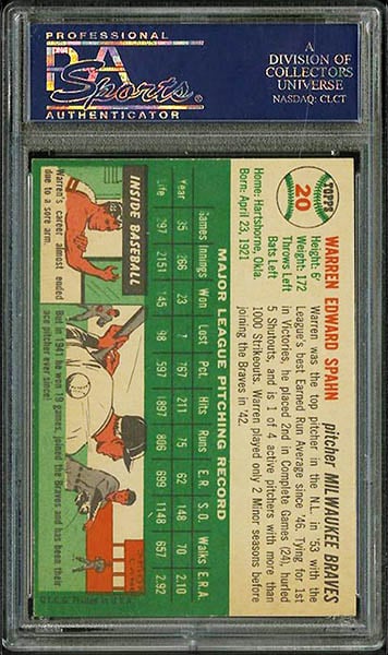 1954 Topps Warren Spahn baseball card #20 graded PSA 9 back side