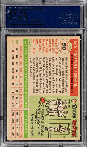 1955 Topps Jackie Robinson Baseball Card #50 graded PSA 9 back side