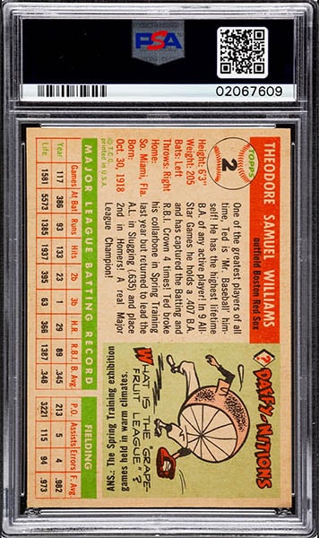 1955 TOPPS TED WILLIAMS CARD #2 BACK GRADED PSA 9