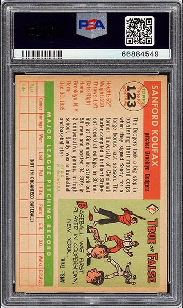 1955 Topps Sandy Koufax Rookie Baseball Card #123 graded PSA 9 mint condition Back side