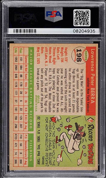 1955 Topps Yogi Berra Baseball Card #198 graded PSA 8 back side