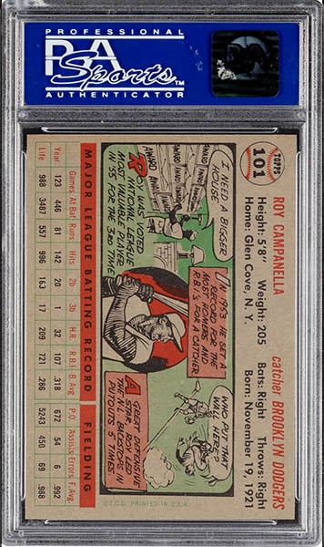 1956 Topps Roy Campanella baseball card #101 graded PSA 9 back side