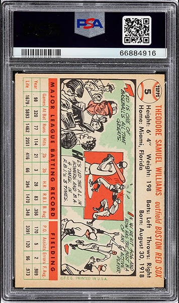 1956 Topps Ted Williams baseball card #5 graded PSA 9 back side