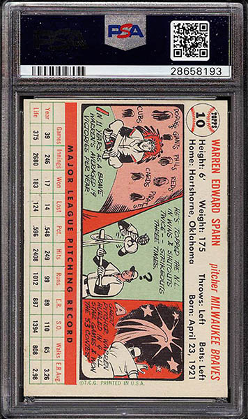 1956 Topps Warren Spahn baseball card #10 graded PSA 9 back side