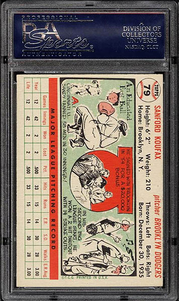 1956 Topps Sandy Koufax baseball card #79 graded PSA 9 back side