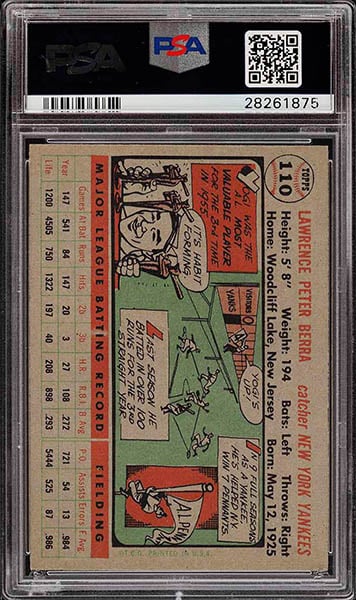 1956 Topps Yogi Berra baseball card #110 graded PSA 9 back side