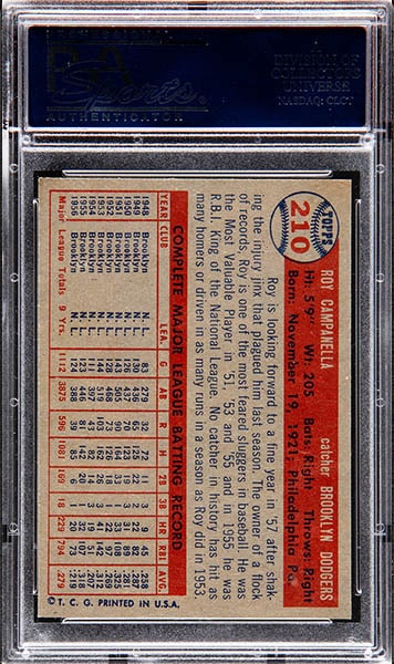 1957 Topps Roy Campanella baseball card #210 graded PSA 9 back side