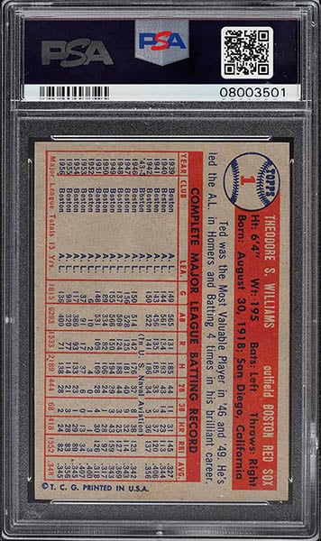 1957 Topps Ted Williams baseball card #1 graded PSA 9 back side