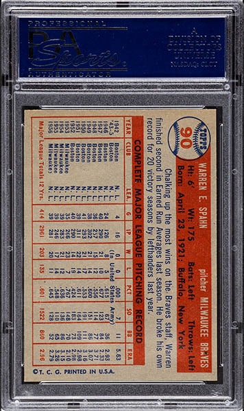 1957 Topps Warren Spahn baseball card #90 graded PSA 9 back side