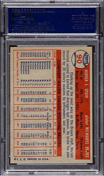 1957 TOPPS WARREN SPAHN CARD #90 GRADED PSA 9 MINT CONDITION BACK