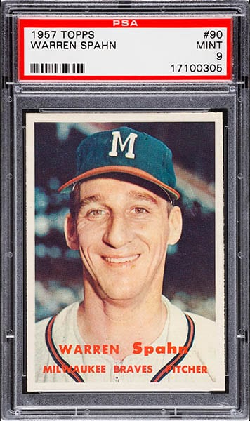 1957 TOPPS WARREN SPAHN BASEBALL CARD #90 GRADED PSA 9 MINT CONDITION