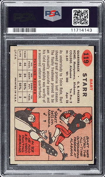 1957 Topps Football Bart Starr ROOKIE #119 PSA 8 back side