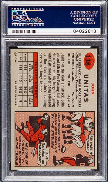 1957 Topps Johnny Unitas rookie card graded PSA 9 back