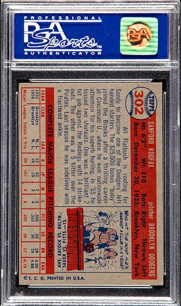 1957 Topps Sandy Koufax Card #302 back side