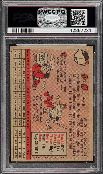 1958 Topps Ted Williams baseball card #1 graded PSA 9 back side