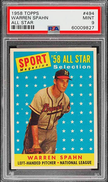 1958 TOPPS WARREN SPAHN ALL STAR BASEBALL CARD #494 GRADED PSA 9