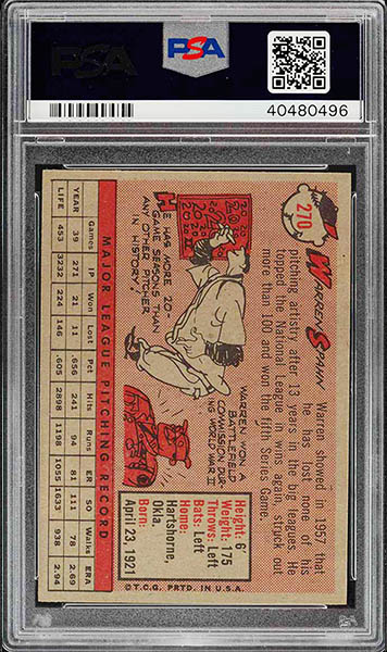 1958 Topps Warren Spahn baseball card #270 graded PSA 9 back side