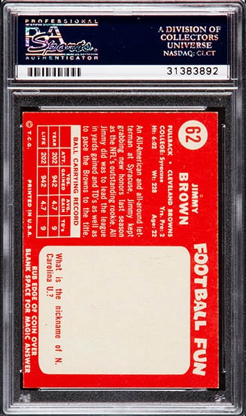 1958 Topps Jim Brown football rookie card graded PSA 9 back
