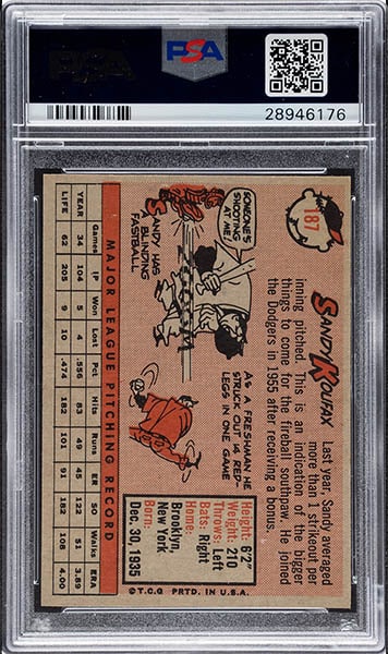 1958 Topps Sandy Koufax baseball card #187 graded PSA 9 back side