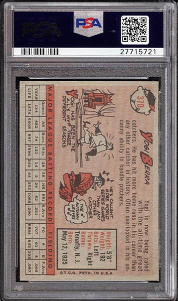 1958 topps Yogi Berra baseball card #370 graded PSA 9 mint condition back side