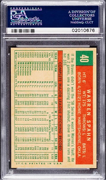 1959 TOPPS WARREN SPAHN BASEBALL CARD #40 GRADED PSA 9 BACK