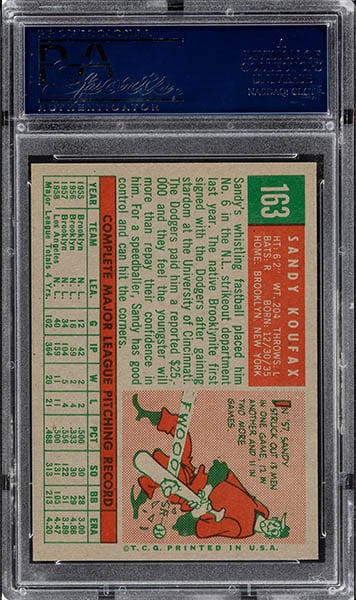 1959 Topps Sandy Koufax baseball card #163 graded PSA 9 back side