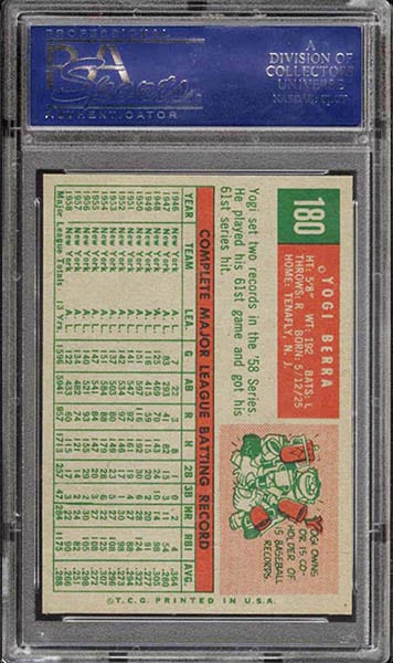 1959 Topps Yogi Berra baseball card #180 graded PSA 9 back side
