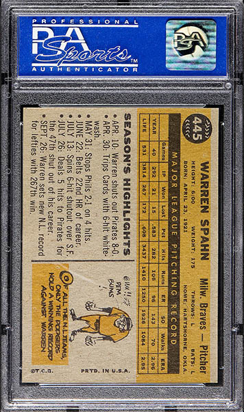1960 Topps Warren Spahn baseball card #445 graded PSA 9 back side