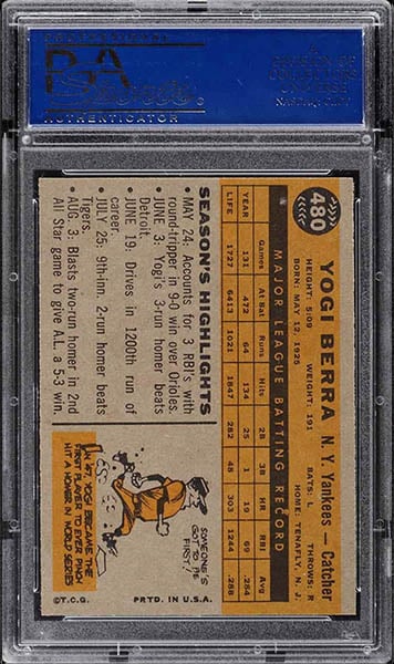 1960 Topps Yogi Berra baseball card #480 graded PSA 9 back side