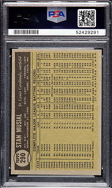 1961 Topps Stan Musial baseball card #290 graded PSA 9 back side