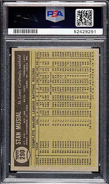 1961 TOPPS #290 STAN MUSIAL ST. LOUIS CARDINALS BASEBALL CARD SGC EX 5