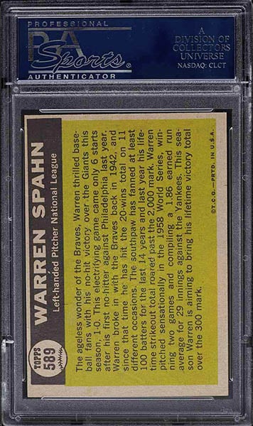 1961 TOPPS WARREN SPAHN ALL STAR CARD #589 GRADED PSA 9 back