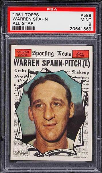 1961 TOPPS WARREN SPAHN ALL STAR BASEBALL CARD #589 GRADED PSA 9